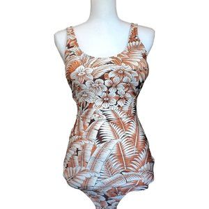 Vintage 60s Mod Bullet Floral Hawaiian Beige Brown One Piece Swimsuit XL‎ 1X